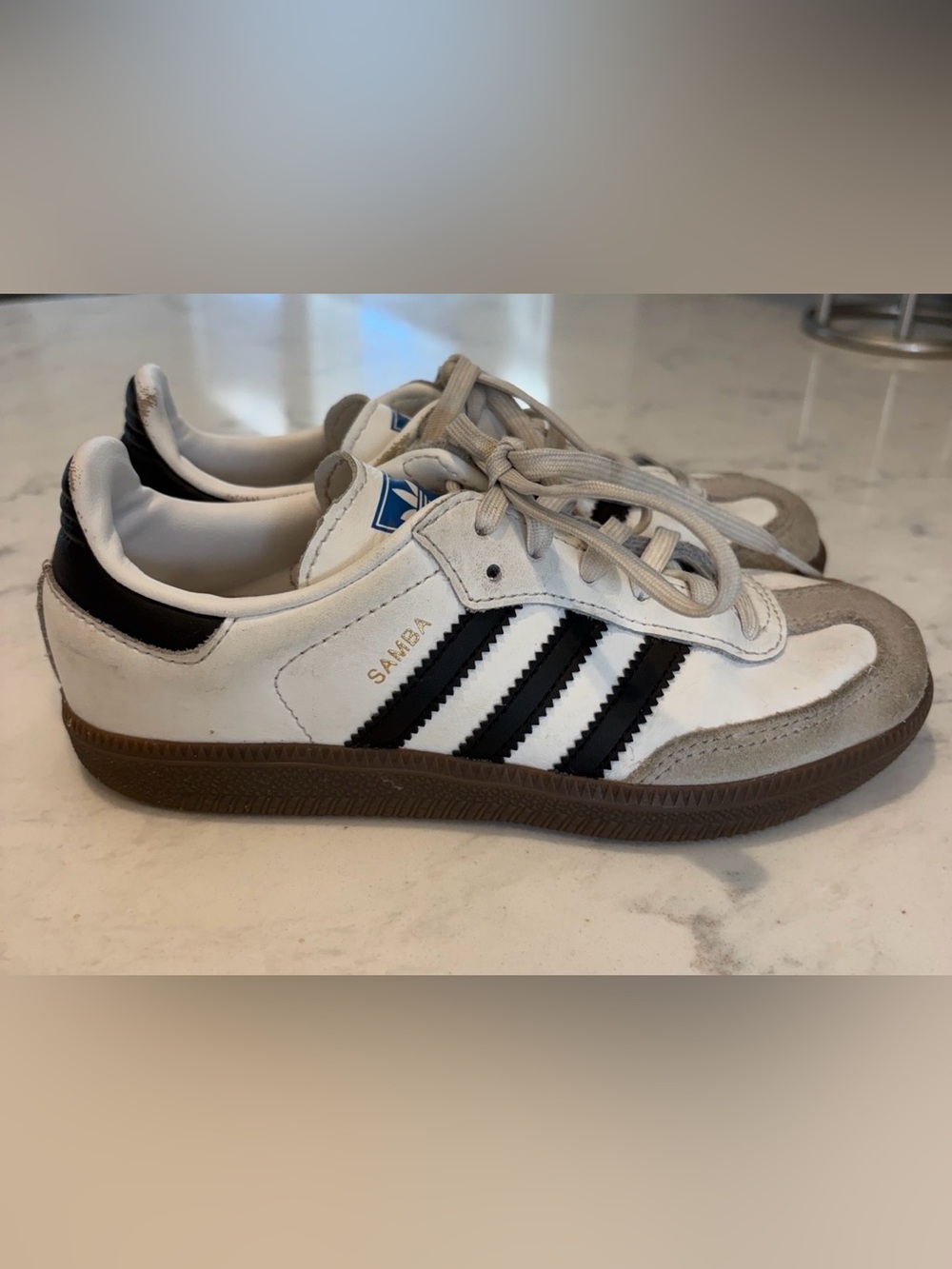 adidas Kids Samba Sneakers in White with Black Stripes and Gum Sole